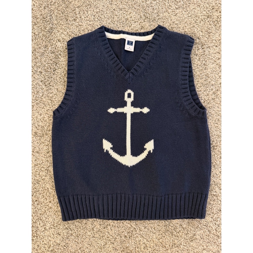 Janie and Jack Boys Navy Blue Anchor Intarsia Knit Sweater Vest Size 3 Preppy
